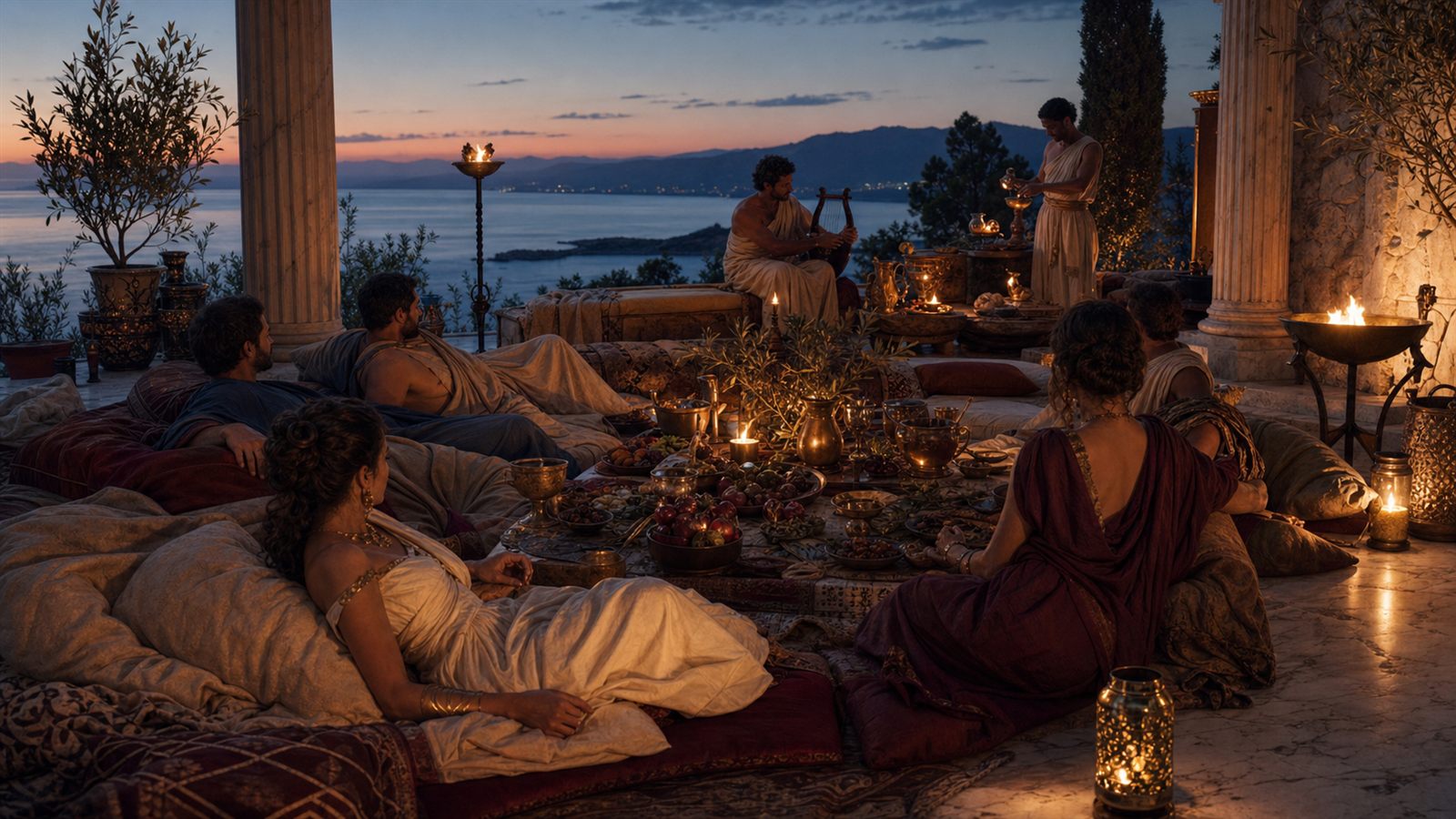 Historically inspired Ancient Greek symposium overlooking the Aegean