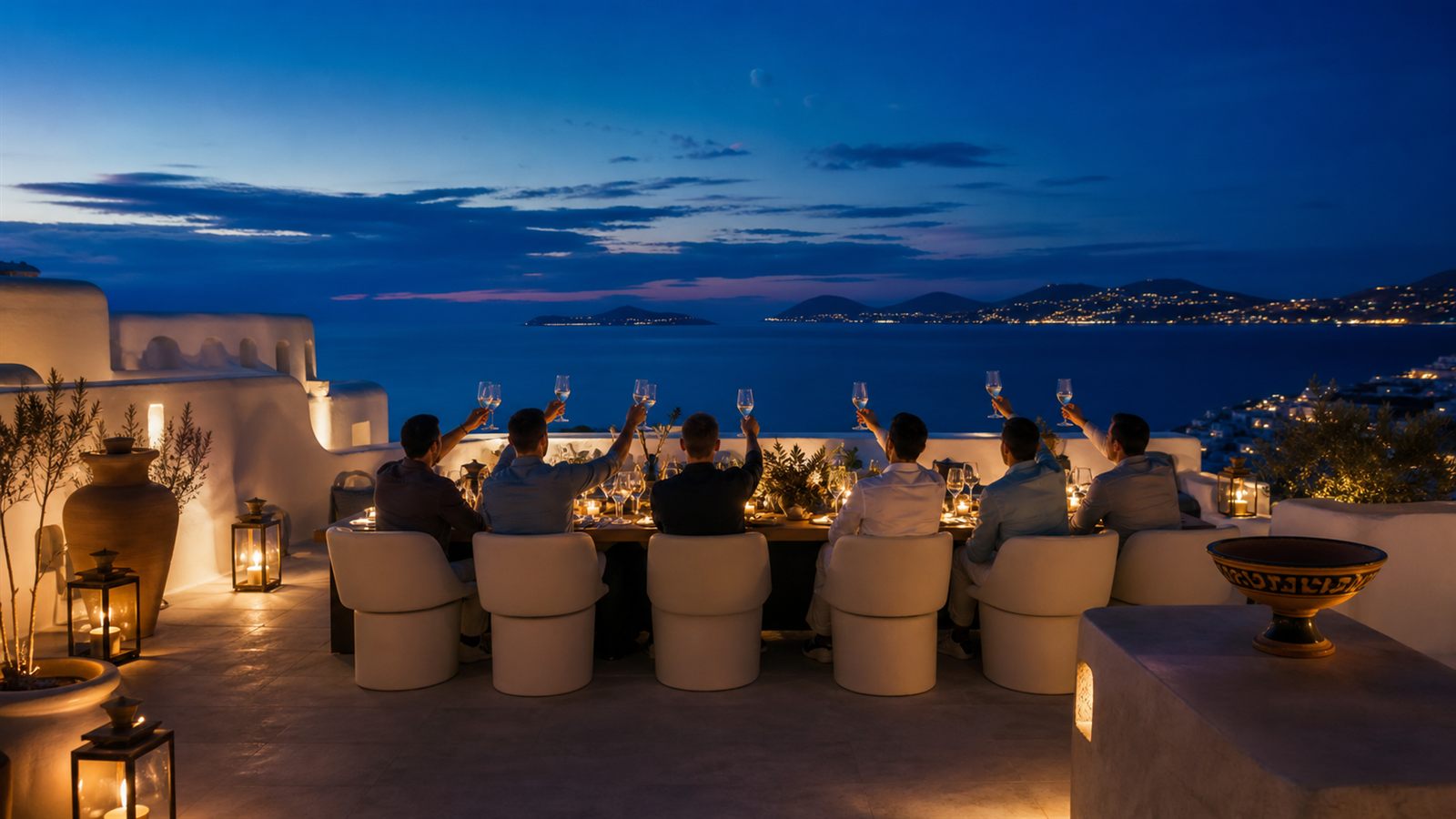Luxury bachelor party dinner at a private Mykonos villa