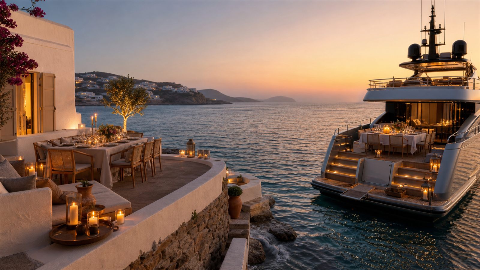 Private Mykonos villa and luxury yacht prepared for an evening celebration